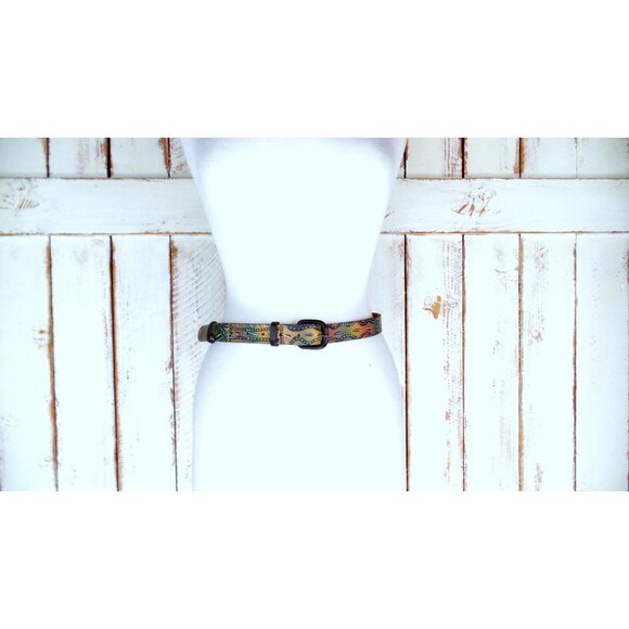 90s vintage hand painted tribal art leather belt - Picture 3 of 5